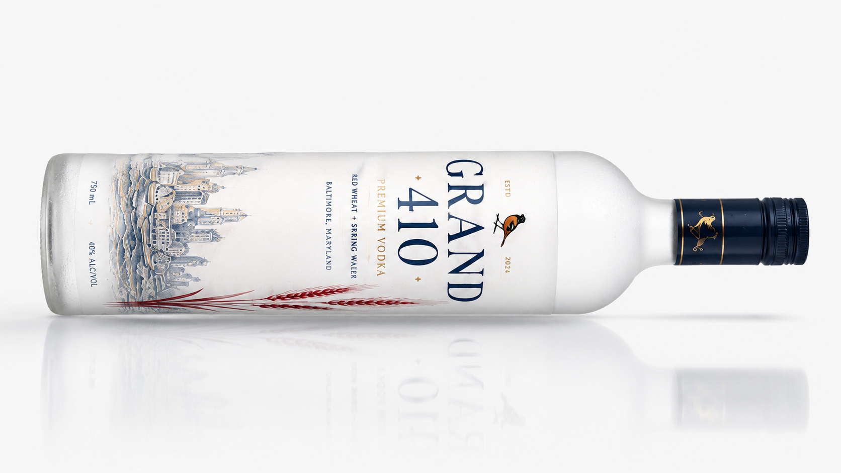 GRAND 410 premium vodka bottle, lying flat with etched Baltimore skyline detail